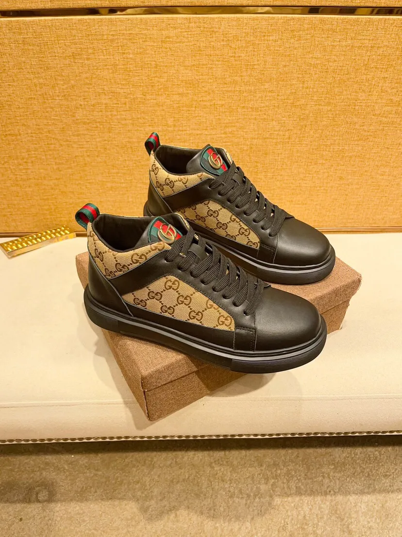 Factory price 460 [Gucci] Gucci's latest high-top casual Korean-style men's shoes, new autumn and winter design, perfect workmanship, cabinet quality, upper: cowhide material, leather lining; soft and comfortable, rubber outsole ultra-light, wear-resistant, simple, versatile fashion men's shoes, color optional, size 38--44